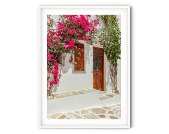 Greek Islands Print, Fine Art Greece Photography, Pink Bougainvillea Photo, Large Cyclades Travel Wall Art, Mediterranean Style Home Decor