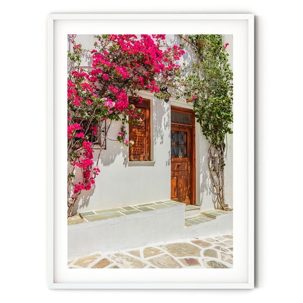 Greek Islands Print, Fine Art Greece Photography, Pink Bougainvillea Photo, Large Cyclades Travel Wall Art, Mediterranean Style Home Decor