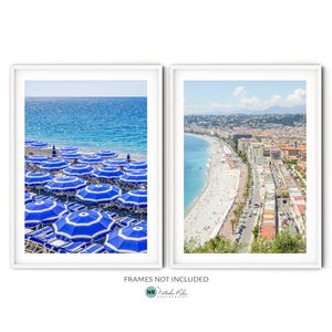 French Riviera Print Set, Nice France Travel Poster Set, Cote d'Azur Beach Wall Art, Beach Umbrella Photography Print, Modern Coastal Decor