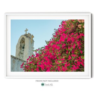 Greek Church Photography, Fine Art Greek Island Print, Rustic Greece Wall Art, Pink Bougainvillea Photo, Mediterranean Style Travel Print
