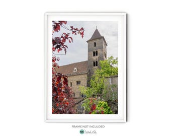 May include: A photograph of a stone church with a tall tower and red leaves in the foreground. The church is surrounded by trees and the sky is a light blue.