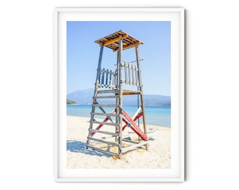 Retro Lifeguard Tower Print, Fine Art Beach Photography, Boho Ocean Wall Art, Pastel Coastal Wall Decor, Modern Beach House Decor