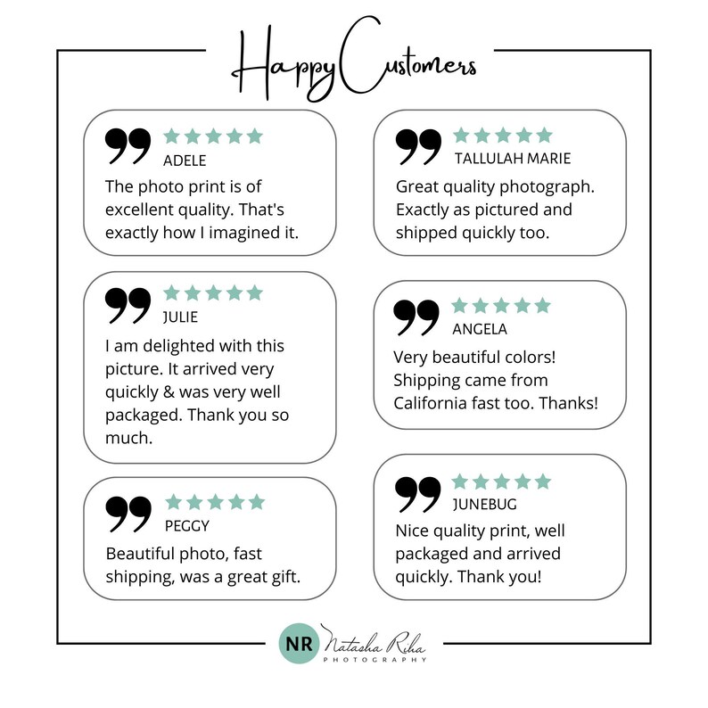 May include: Five customer reviews with five stars each. Each review is in a white box with a teal border and a quote mark in the top left corner. The reviews are from Adele, Julie, Tallulah Marie, Angela, and Junebug. The text "Happy Customers" is at the top of the image.