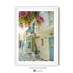 Pastel Greek Islands Print, Fine Art Greece Photography, Cyclades Village Photo, Bougainvillea Wall Art, Mediterranean Travel Themed Decor