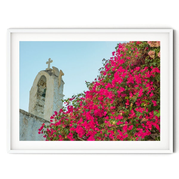 Greek Church Photography, Fine Art Greek Island Print, Rustic Greece Wall Art, Pink Bougainvillea Photo, Mediterranean Style Travel Print