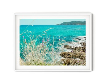 Greek Coastline Photo, Fine Art Coastal Photography, Turquoise Ocean Wall Art, Botanical Wildflower Print, Minimalist Beach House Decor