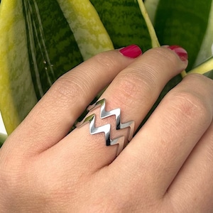 May include: A silver ring with a zig-zag design. The ring is worn on a person's finger.