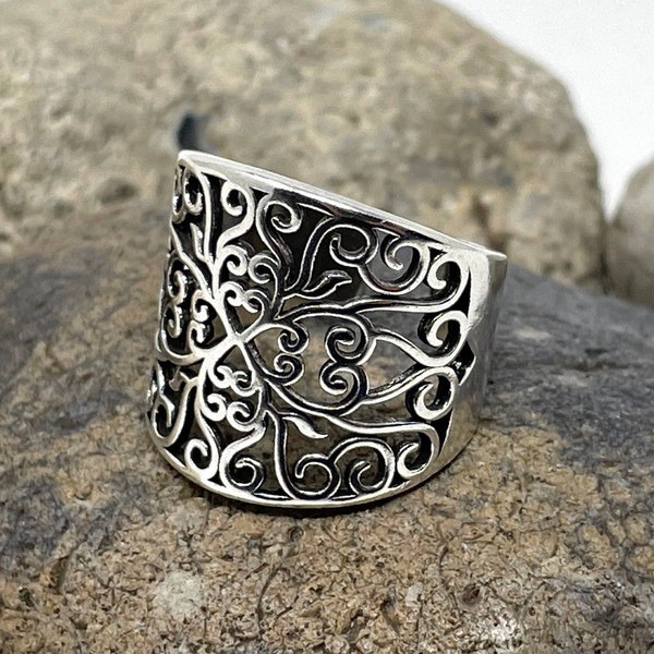 Stainless Steel Ring, Filigree Ring, Leaf Ring, Chunky Silver Ring, Boho Ring, Statement Ring, Adjustable Thick Ring, Thumb Rings for Women