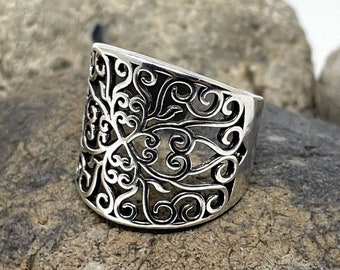 Silver Filigree Ring, Leaf Ring, Chunky Ring, Boho Ring, Statement Ring, Adjustable Open, Thick Ring, Thumb Ring, Vintage Rings for Women