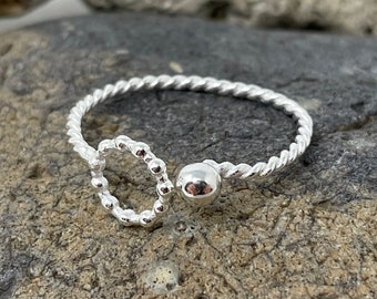 925 zilveren boho-ring, twist twisted ring, touwring, kralenring, sierlijke ring, sterlingzilver, verstelbare open ring, ringen voor dames en meisjes