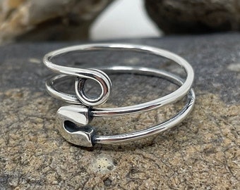 925 Sterling Silver Safety Pin Ring, Wrap Ring, Bypass Ring, Statement Ring, Unique Ring, Paperclip Ring, Open Adjustable, Rings for Women