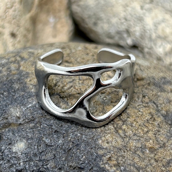 Stainless Steel Ring, Chunky Thick Ring, Unique Ring, Silver Ring, Statement Ring, Gothic Punk Ring, Adjustable Open Ring, Rings for Women