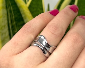 Stainless Steel Ring, Chunky Thick Ring, Wave Ring, Silver Ring, Statement Ring, Multi Layer Ring, Adjustable Open Ring, Rings for Women