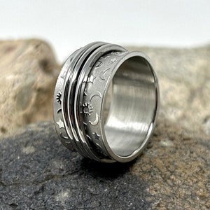 Anneau toupie en acier inoxydable, anneau de rotation, anneau de Fidget, bague de méditation, anneau d'inquiétude, anneau d'inquiétude, anneau de rotation de bohème, cadeau de bande de soleil d'étoile de lune