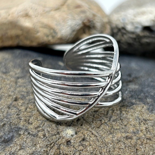 Stainless Steel Ring, Criss Cross Ring, Multi Layer Ring, Wishbone Ring, V Ring Band, Statement Ring, Silver Boho Ring, Thumb Ring for Women