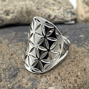 Stainless Steel Ring, Geometric Ring, Flower Ring, Statement Ring, Thick Chunky Ring, Unique Ring, Silver Boho Ring, Rings for Women/Men/Man
