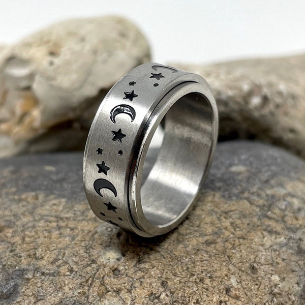 Stainless Steel Spinner Ring, Spinning Ring, Fidget Ring, Meditation Ring, Anxiety Ring, Worry Ring, Boho Ring, Spin Ring, Moon Star Band
