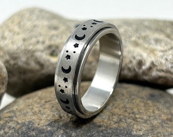 RVS Spinner Ring, Draaiende Ring, Fidget Ring, Meditatie Ring, Angst Ring, Zorgen Ring, Boho Ring, Spin Ring, Moon Star Band