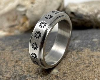 RVS spinner ring, draaiende ring, fidget ring, meditatie ring, angst ring, zorgen ring, spin ring, bloemenring, bloemenband