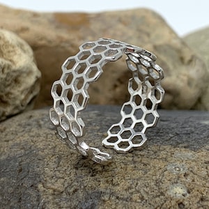 925 Sterling Silber Ring, Wabenring, Geometrischer Ring, Minimalistischer Ring, Boho Ring, Stapelring, Verstellbarer offener Ring, Ringe für Frauen