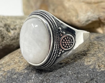 Silver Moonstone Ring, Natural Gemstone Ring, Raw Stone Ring, Gem Ring, Statement Ring, Vintage Boho Ring, Chunky Ring Thick Rings for Women