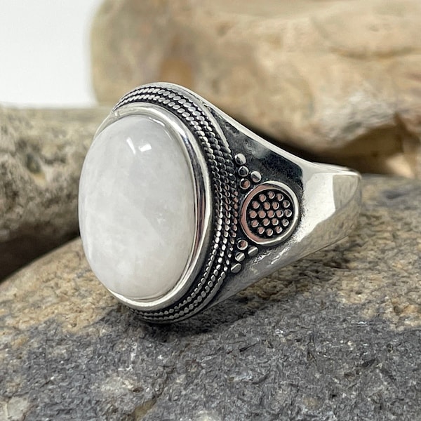 Silver Moonstone Ring, Natural Gemstone Ring, Raw Stone Ring, Gem Ring, Statement Ring, Vintage Boho Ring, Chunky Ring Thick Rings for Women