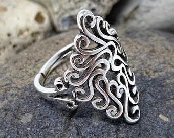 925 Sterling Silver Filigree Ring, Chunky Ring, Boho Ring, Adjustable Open Ring, Vintage Ring, Thick Thumb Ring, Statement Rings for Women