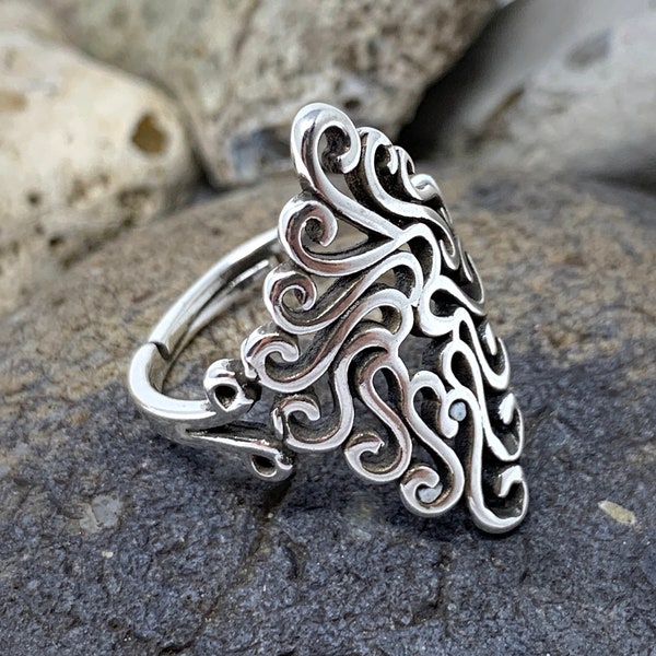 925 Sterling Silver Filigree Ring, Chunky Ring, Boho Ring, Adjustable Open Ring, Vintage Ring, Thick Thumb Ring, Statement Rings for Women