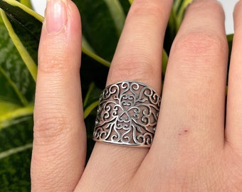 Silver Filigree Ring, Leaf Ring, Chunky Ring, Boho Ring, Statement Ring, Adjustable Open, Thick Ring, Thumb Ring, Vintage Rings for Women