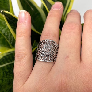 Stainless Steel Ring, Filigree Ring, Leaf Ring, Chunky Silver Ring, Boho Ring, Statement Ring, Adjustable Thick Ring, Thumb Rings for Women