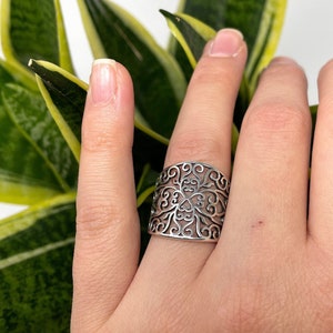 Silver Filigree Ring, Leaf Ring, Chunky Ring, Boho Ring, Statement Ring, Adjustable Open, Thick Ring, Thumb Ring, Vintage Rings for Women