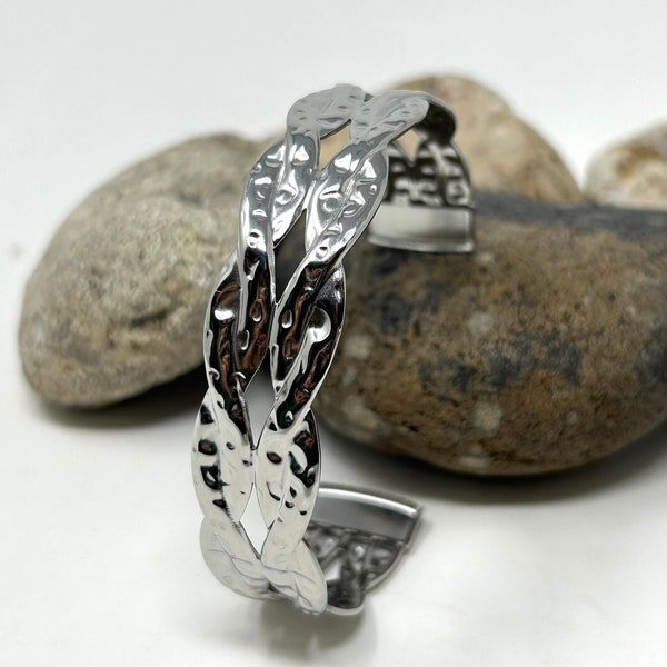 Brazalete de acero inoxidable, brazalete martillado, brazalete sólido, brazalete unisex, brazalete trenzado, brazalete de plata, pulsera de acero para mujeres y hombres