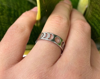 Roestvrij stalen ring, maanfasering, hemelse ring, maanring, maanring, unieke ring, minimalistische 6mm band, manring, ringen voor vrouwen