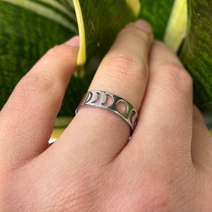 Stainless Steel Ring, Moon Phase Ring, Celestial Ring, Lunar Ring, Moon Ring, Unique Ring, Minimalist 6mm Band, Man Ring, Rings for Women