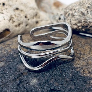 Stainless Steel Ring, Chunky Thick Ring, Wave Ring, Statement Ring, Multi Layer Ring, Adjustable Open Ring, Rings for Women (Silver or Gold)