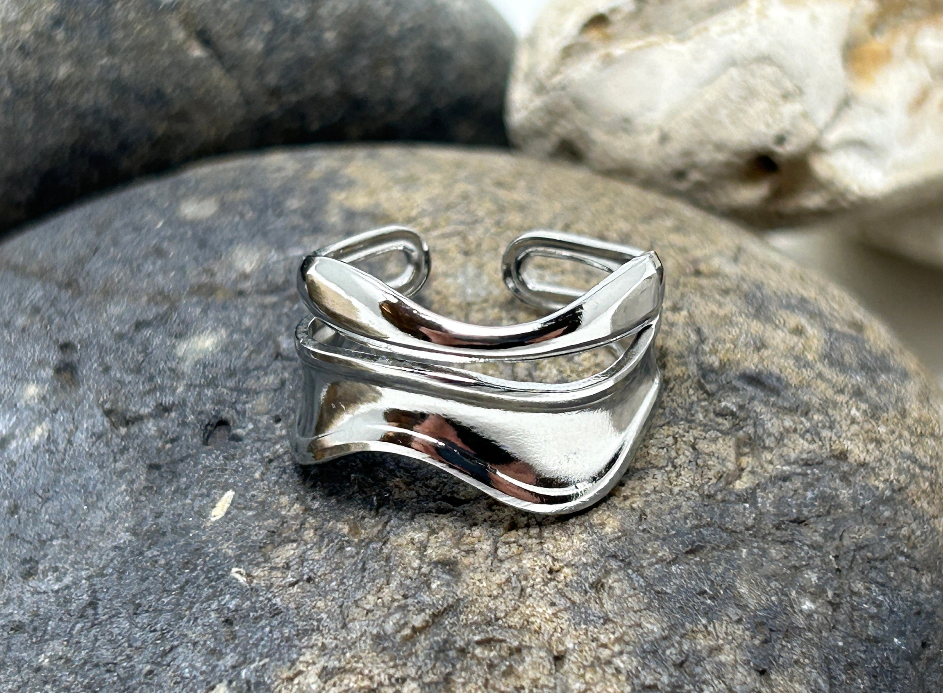 Stainless Steel Ring, Chunky Thick Ring, Wave Ring, Silver