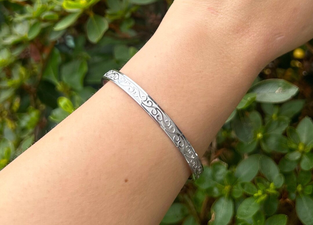 Stainless Steel Bangle, Filigree Bangle, Solid Cuff Bangle, Unisex