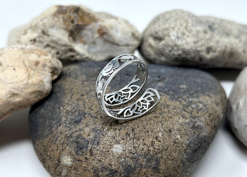 Stainless Steel Ring, Filigree Ring, Leaf Ring, Bypass Silver Ring, Boho Ring, Statement Ring, Adjustable Open Ring, Thumb Rings for Women image 7