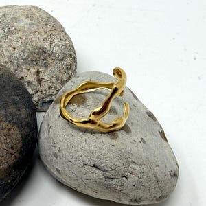 Puede incluir: Un anillo dorado de forma abstracta descansa sobre una piedra gris. El anillo tiene un dise&ntilde;o org&aacute;nico y fluido con l&iacute;neas curvas y una superficie texturizada. El fondo presenta dos piedras grises adicionales y una superficie blanca.