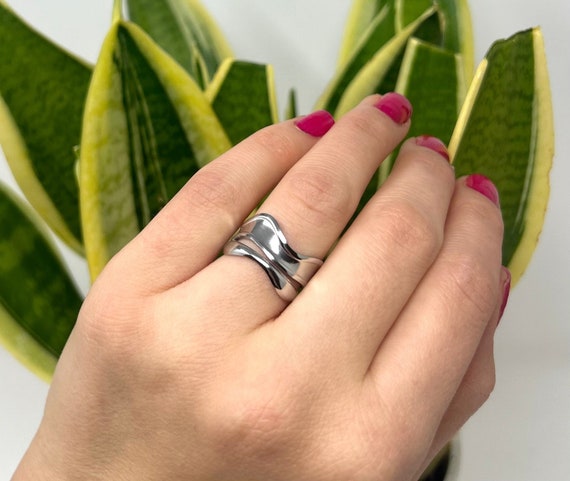 Stainless Steel Ring, Chunky Thick Ring, Wave Ring, Silver Ring