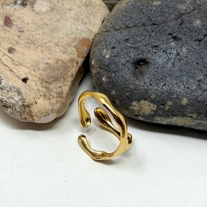 Puede incluir: Un anillo dorado con un dise&ntilde;o org&aacute;nico y fluido. El anillo tiene una forma abierta &uacute;nica con l&iacute;neas suaves y curvas. El anillo se muestra sobre una superficie blanca, con dos piedras en el fondo.
