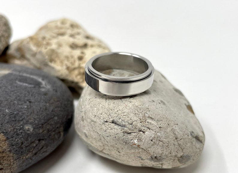 May include: A silver-colored spinner ring with a black accent band. The ring is displayed on a light gray stone, with other stones in the background. The ring is a simple, modern design.