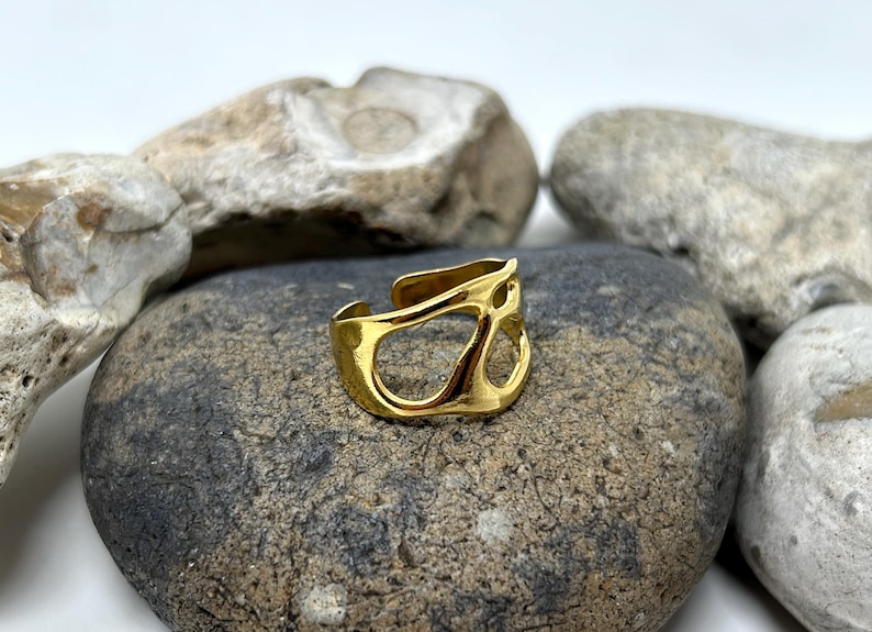 May include: A gold-colored, open-design ring with an abstract, organic shape. The ring is adjustable and sits on a gray and brown stone. The ring's design features multiple openings, creating a unique and modern aesthetic.
