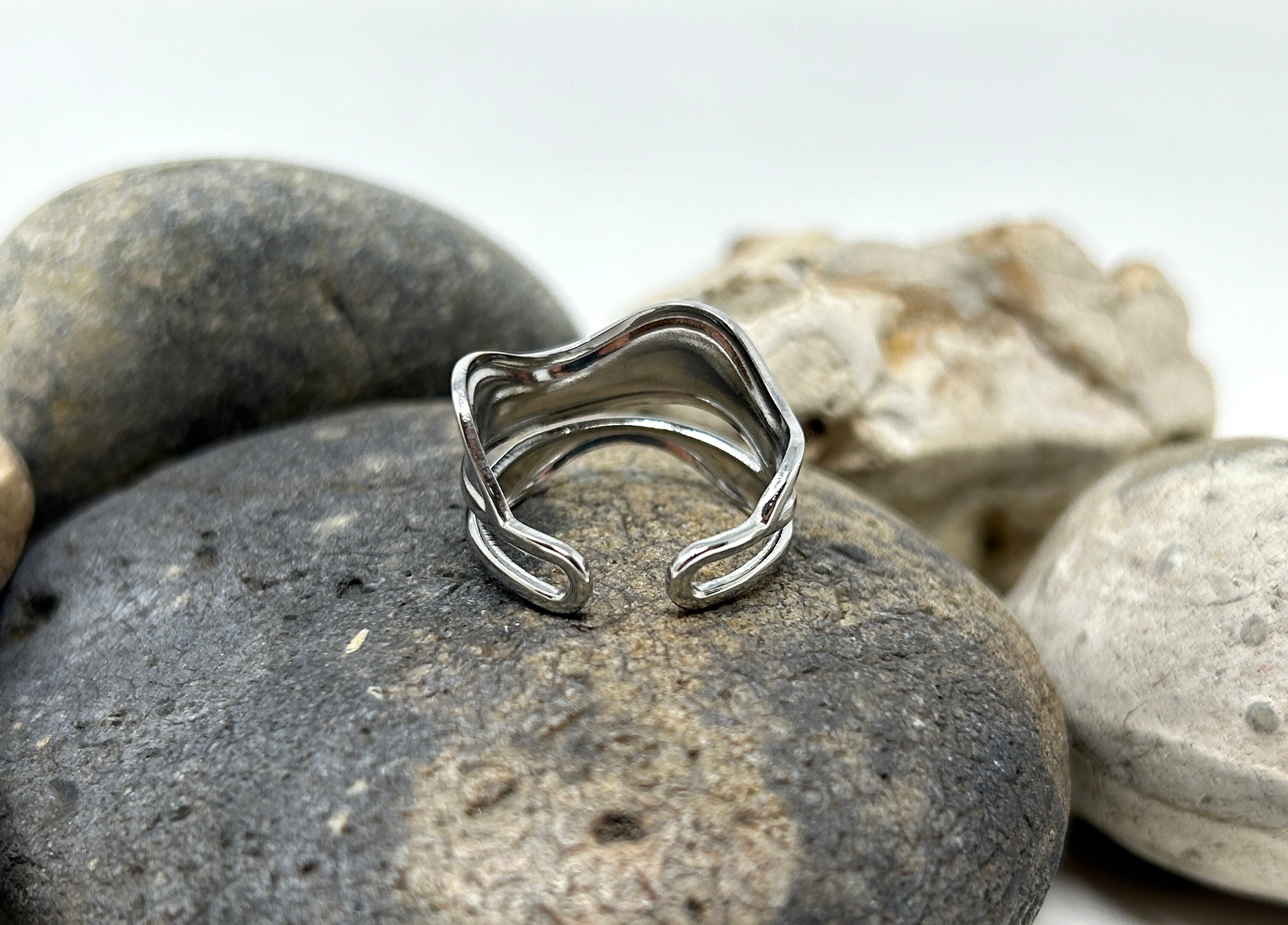 Stainless Steel Ring, Chunky Thick Ring, Wave Ring, Silver
