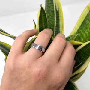 May include: A silver-colored ring with a grooved center band. The ring is on a finger, with a plant in the background. The ring has a polished finish and a simple, modern design.