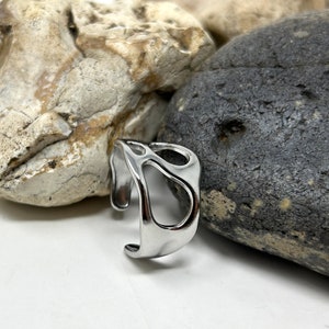 May include: A silver-colored, open-design ring. The ring has a unique, abstract shape with curved lines and cut-out sections. The ring is shown against a backdrop of gray and beige rocks on a white surface.
