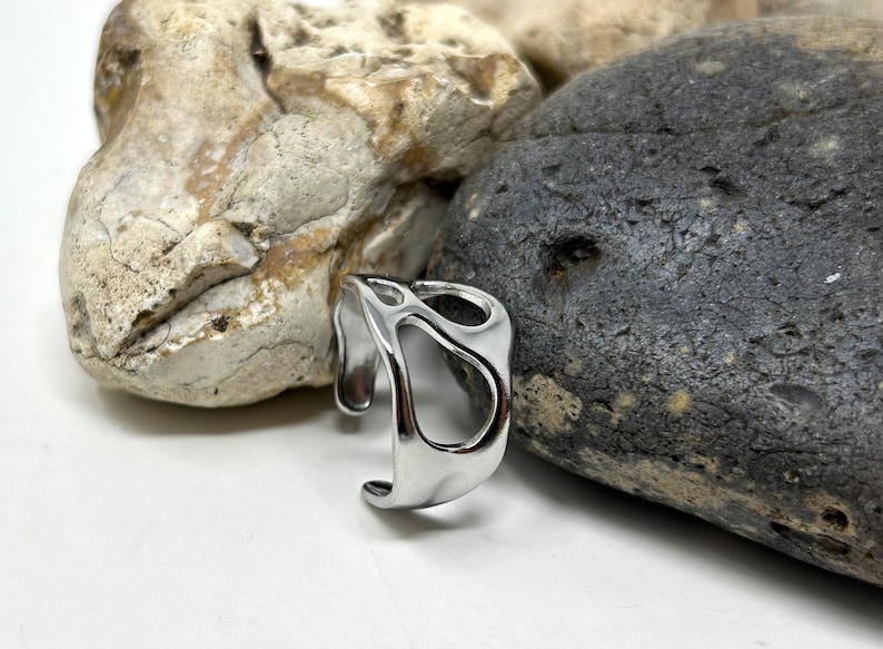 May include: A silver-colored, open-design ring. The ring has a unique, abstract shape with curved lines and cut-out sections. The ring is shown against a backdrop of gray and beige rocks on a white surface.