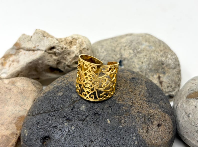 Silver Filigree Ring, Leaf Ring, Chunky Ring, Boho Ring, Statement Ring, Adjustable Open, Thick Ring, Thumb Ring, Vintage Rings for Women Gold