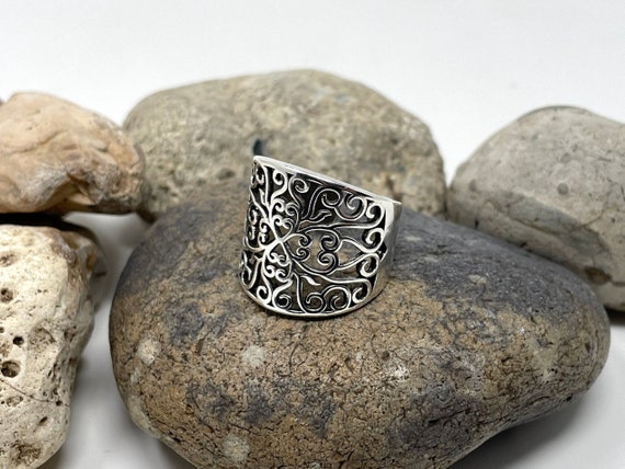 Silver Filigree Ring, Leaf Ring, Chunky Ring, Boho Ring, Statement Ring, Adjustable Open, Thick Ring, Thumb Ring, Vintage Rings for Women
