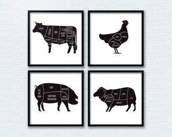 Butcher Prints, Set Of 4 Butchers Prints, Meat Cuts, Kitchen Art, Kitchen Prints, Butcher Poster Set